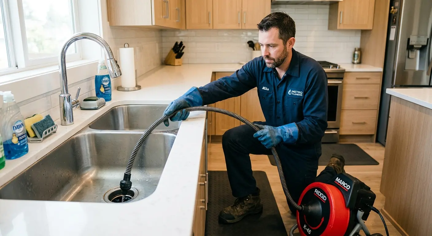Drain cleaning technician using a motorized snake on a kitchen sink in College Place