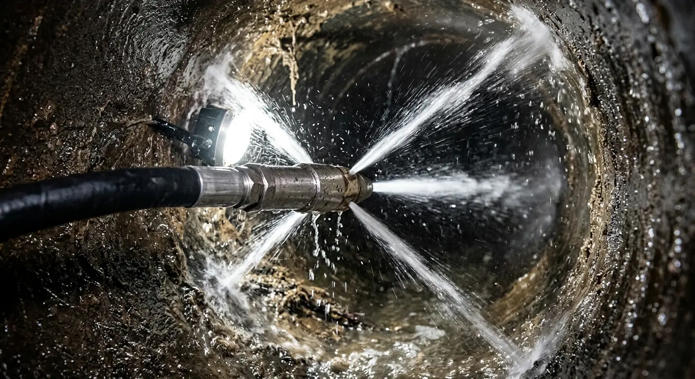 High-pressure hydro jetting nozzle cleaning sewer pipe for Sewer Cleanout in College Place
