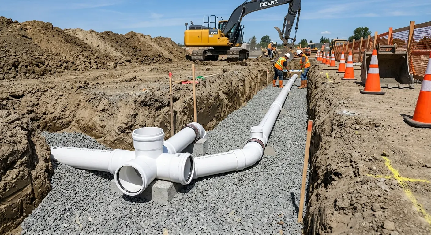 New PVC sewer pipe installation in open trench for Sewer Backup in College Place