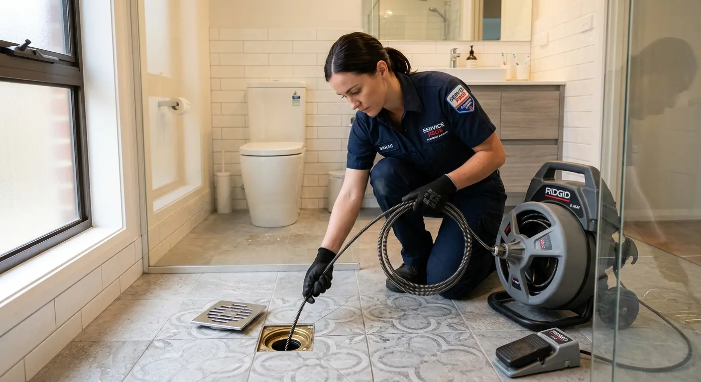 Technician clearing a bathroom floor drain for Clogged Drain Repair in College Place